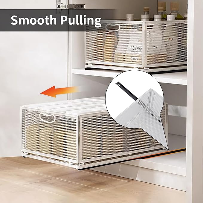 Sliding Cabinet Basket Organizer Drawer Self Adhesive Slide out Pantry Shelves Heavy Duty Carbon Steel Slide Cabinet Storage Basket with Handle for Bathroom Kitchen Home
