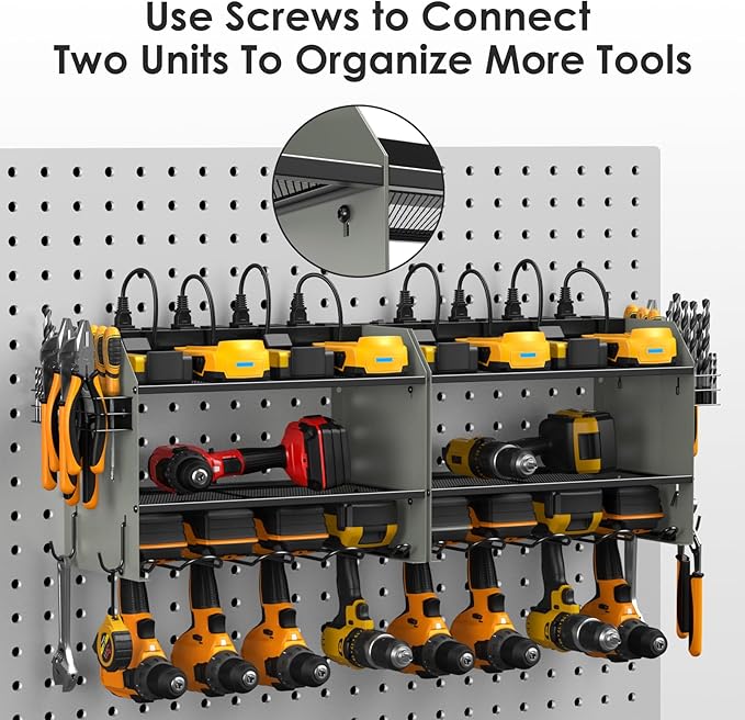 CCCEI Modular Power Tool Organizer Wall Mount Charging Station, Grey 6 Drills Holder with 8 Plug Power Strip 6FT, Garage Drill Battery Heavy Duty Metal Shelf, Utility Rack with Hooks, Side Storage.
