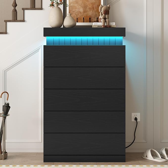 Tall Black 5 Dresser for Bedroom, Sliding Top Storage Space, Modern Wood Drawers with LED Light and Power Outlet, Large Chest of Drawer for Living Room, Hallway, Entryway (5 Drawers,Black)