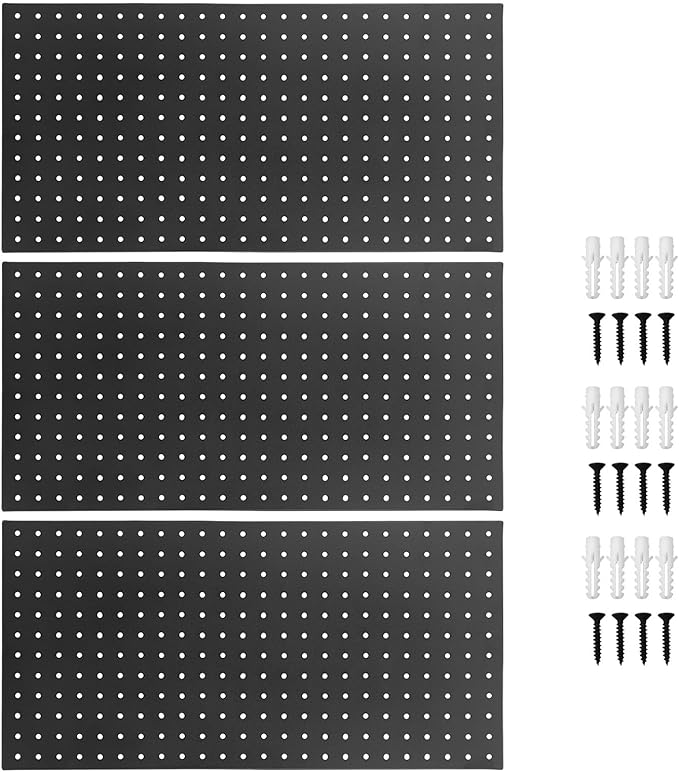 3Pcs Metal Pegboard Panels, 24x12inch Steel Black Pegboards Wall Organizer, 130lbs Heavy Duty Peg Board for Walls Home, Garage Tool Storage, Office Organization