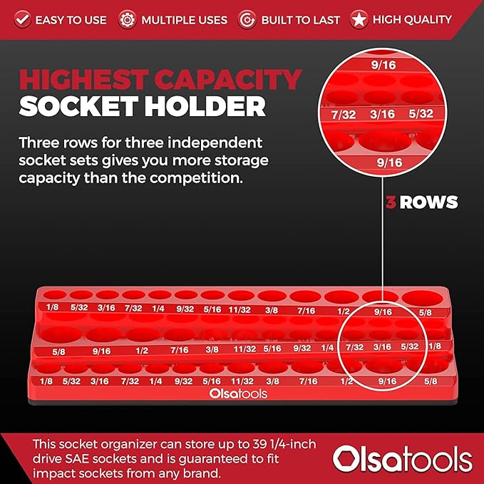 Olsa Tools Magnetic Socket Organizer (1/4-Inch Drive, 3 Row) - Magnetic Tool Organizer & Socket Holder - Tool Box Socket Organizers - SAE Red - Holds 39 Sockets - Professional Grade - Part: 1545