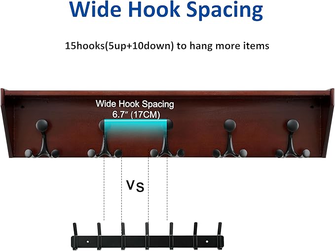 WEBI Wall Shelf with Hooks Underneath,35” Long Wall Mounted Coat Rack with Shelf,Entryway Coat Rack with 5 Triple Hooks for Hanging Coats,Jacket,Hallway,Bedroom,Mudroom,Cherry