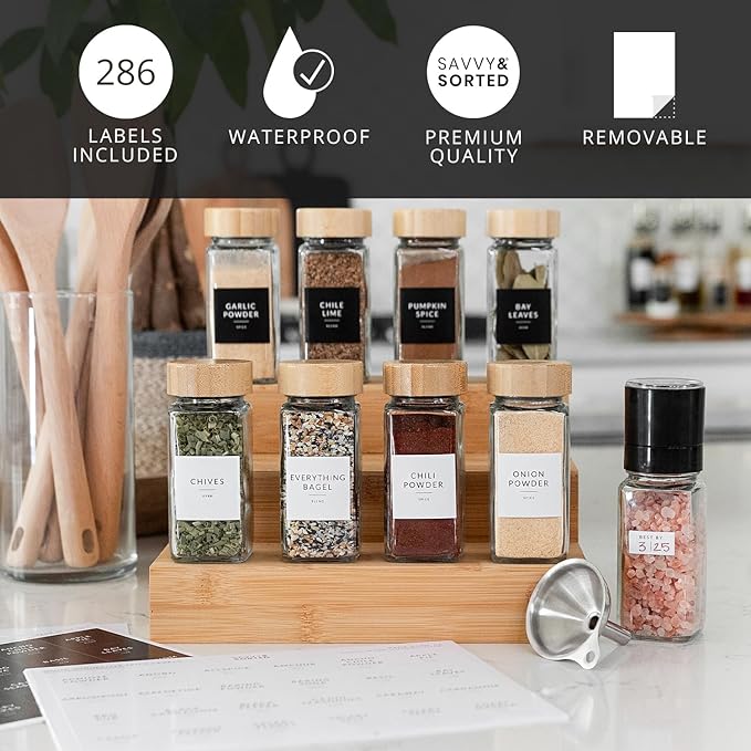 SAVVY & SORTED Glass Spice Jars with Label, 24PK Bamboo Jar Spices Set 4oz, 374 Spice Labels, Pepper Grinder, Empty Herb Seasoning Containers, Funnel and Shaker Lids