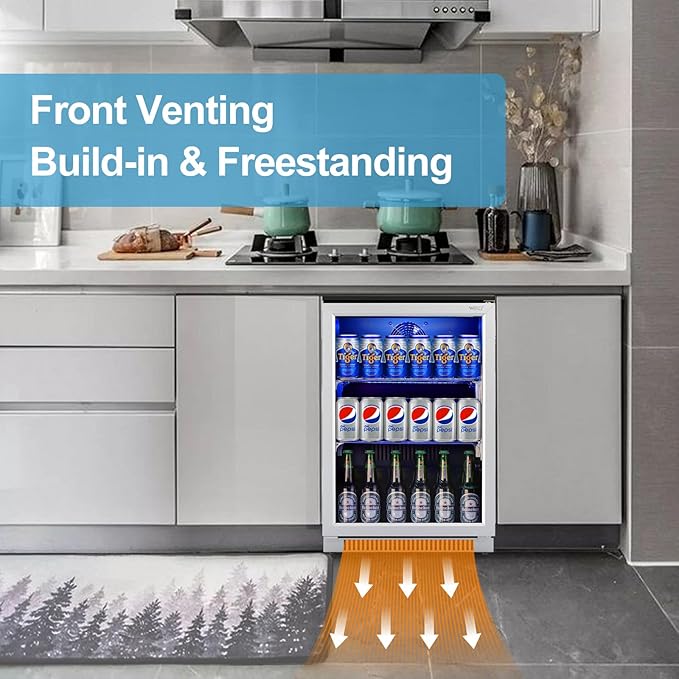 Weili 20 Inch Built in Beverage Fridge with Glass Door, 120 Can Under Counter Soda Beer Drink Refrigerator with Blue LED Light for Home Office or Bar, 36-50°F Auto Defrost