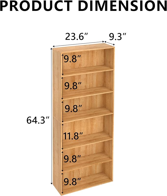 6 Tier Book Shelf，Wooden 6 Cube Storage Organizer,6 Tier Low Bookcase Storage Display Organizer, 64 Inch Versatile Cubes Shelf and Cubby Unit for Any Space (Natural Oak, 6 Cube-W(23.6inch)