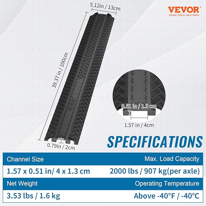 VEVOR Thermoplastic Rubber Drop Over Cable Cover Ramp, 2,000 lbs/axle Load Capacity, Heavy Duty TPR Cable Hose Protector Ramp, Floor Cord Cover for High Walking Traffic Areas Home Office Warehouse