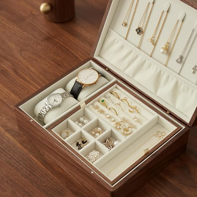 Black Walnut Wood Jewelry Box With Velvet Lining,Personalized Ring and Necklace Box for Women and Girls,Brass Handle (No lock)