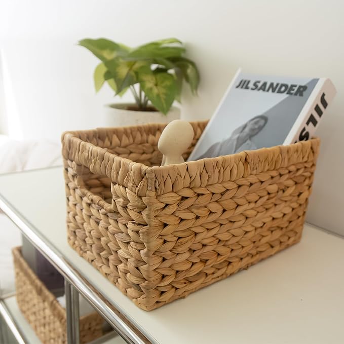 KOKODO Pack of 2 Medium Rectangular Water Hyacinth Wicker Storage Baskets with Handles and Metal Frame, Stylish and Durable Handwoven Bin for Space-saving Room Organizing or Decorative Wicker Basket