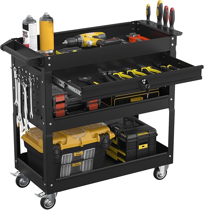 3 Tier Rolling Tool Cart with Drawers, Heavy Duty Utility Cart on Wheels, Large Storage Capability Service Cart for Garage, Warehouse and Repair Shop (Black)