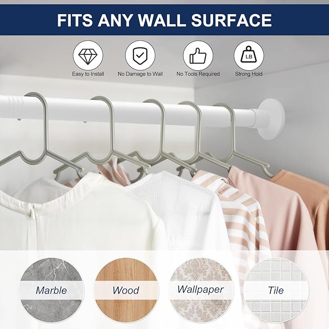 No Drilling Closet Rod, 27.5-82 Inches Hanging Closet Rod for Clothes, Closet Bar & Pole Heavy-duty, Closet Rods for Hanging Clothes For Closet Wardrobes Bathroom Laundry RV Curtains,White