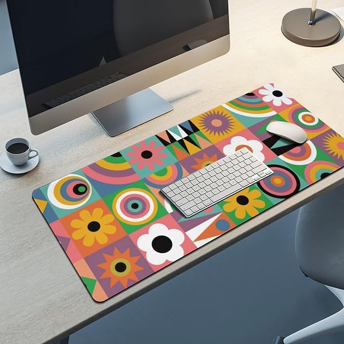 Cute Colorful Flowers Large Mouse Pad, Vintage Aesthetic Gaming Desk Mat, XXL Keyboard Desk Pad Mat for Desktop, 35.4"x15.7" Non-Slip Base Big Mousepad with Stitched Edges