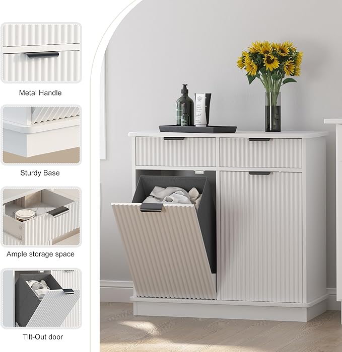 White Double Tilt Out Laundry Hamper Cabinet Laundry Basket Cabinet Hidden Laundry Hamper with 2 Drawers & 2 Baskets for Bathroom Bedroom,30x30x16in