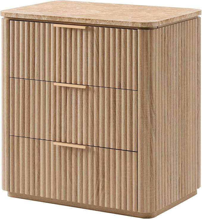 Fluted Nightstand with 3 Drawers, Engineered Wood Bedside Table with Faux Marble-Top, Modern End Table with Curved Corners, Metal Handle, Large Night Stand for Bedroom, Office, Closet, Natural Oak