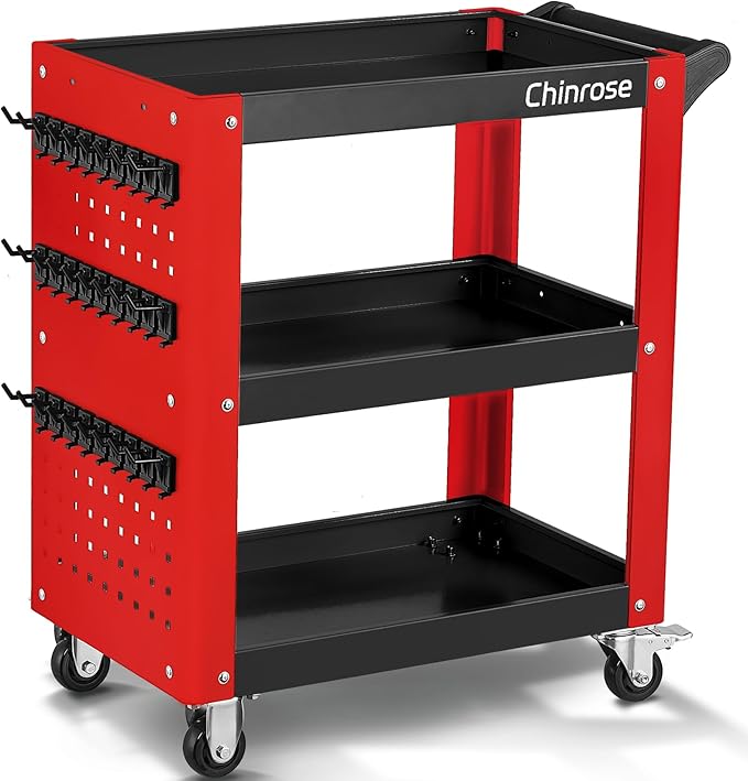 3 Tier Rolling Tool Cart on Wheels, Mechanic Storage Organizer, Rolling Work Cart with Pegboard for Garage, Workshop, Warehouse（Red & Black）