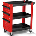 3 Tier Rolling Tool Cart on Wheels, Mechanic Storage Organizer, Rolling Work Cart with Pegboard for Garage, Workshop, Warehouse (Red and Black)