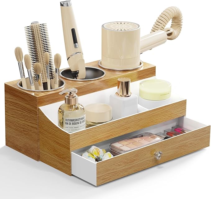 Acrylic Hair Dryer Holder with Drawer, Bathroom Organizer Countertop Drawers with 3 Stainless Cups, Makeup Vanity Accessories, Hair Hot Tools Organizer, Toiletry, Wood