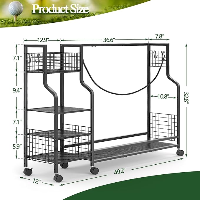 Golf Bag Storage Rack for Garage with Wheels, Organizer for Golf Bag and Equipment Accessories, Golf Organizer Stand Ideal for Home, Garage, Club, Shed, Basement - Sturdy and Durable (Black)