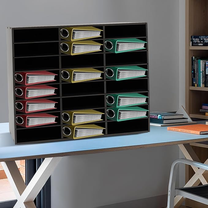 24 Compartments Literature Organizer, Desktop File Sorter Mail Center Paper Storage Cabinet Classroom Mailbox for Files Documents Papers Magazines (Black 24Slots)
