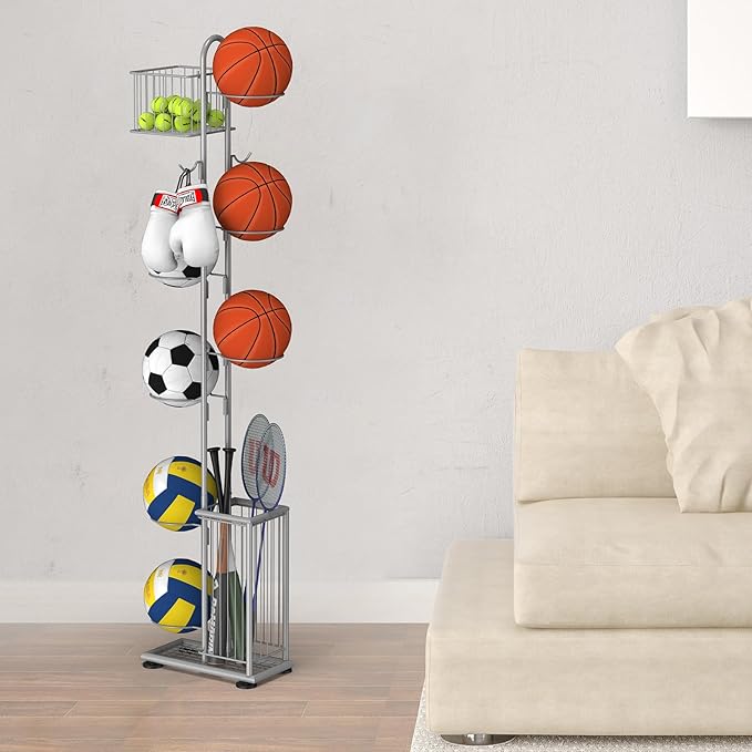 7 Tier Ball Storage Rack, Basketball Holder, Garage Sports Equipment Organizer with Basket & Hooks, Basketball Rack for Indoor/Outdoor, Ball rack for Basketballs Footballs Volleyball, Silver