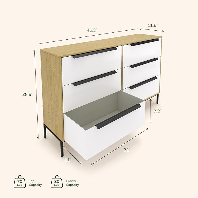 tinge Lira Premium Fabric Dresser - Solid Wooden Frame, 6 Spacious Sag-Proof Drawers with Sleek Metal Handles - Premium & Durable Storage Solution for Your Home (Light Brown)