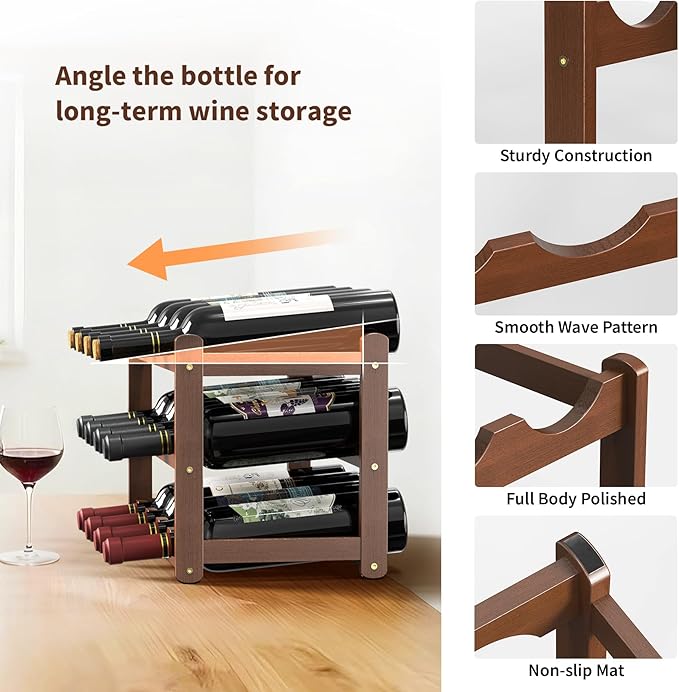 Wine Rack Bamboo Wine Racks Countertop,Sturdy Wine Rack for Inside Cabinet & Freestanding Floor,2 Set of 3-Tier 12 Bottles Racks for Kitchen,Cabinets,Home Bar,Wine Storage Racks(3-Tiers)