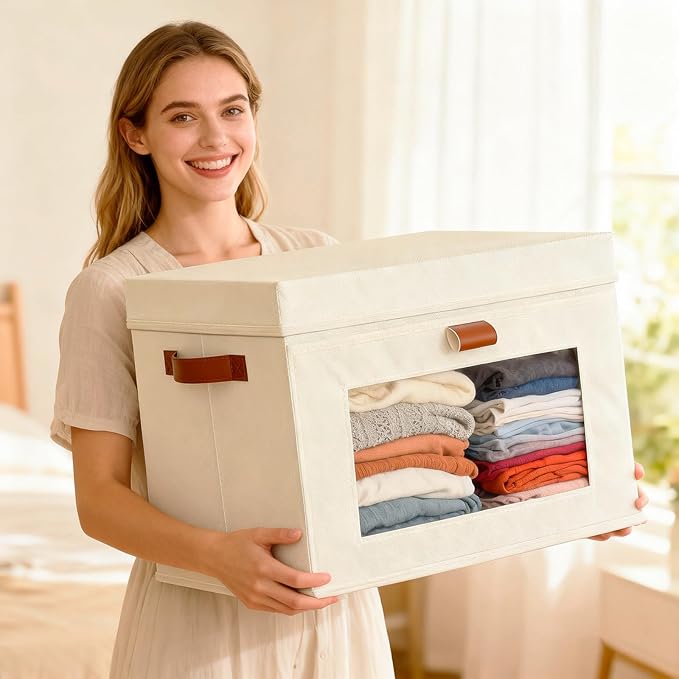 2-Pack Large Storage Bins with Lids,Stackable&Collapsible Closet Storage Bins,Oxford Fabric Organizer Box with Clear Window,Large Decorative Storage Boxes for Closet,Dorm16.5"x11.8"x11"