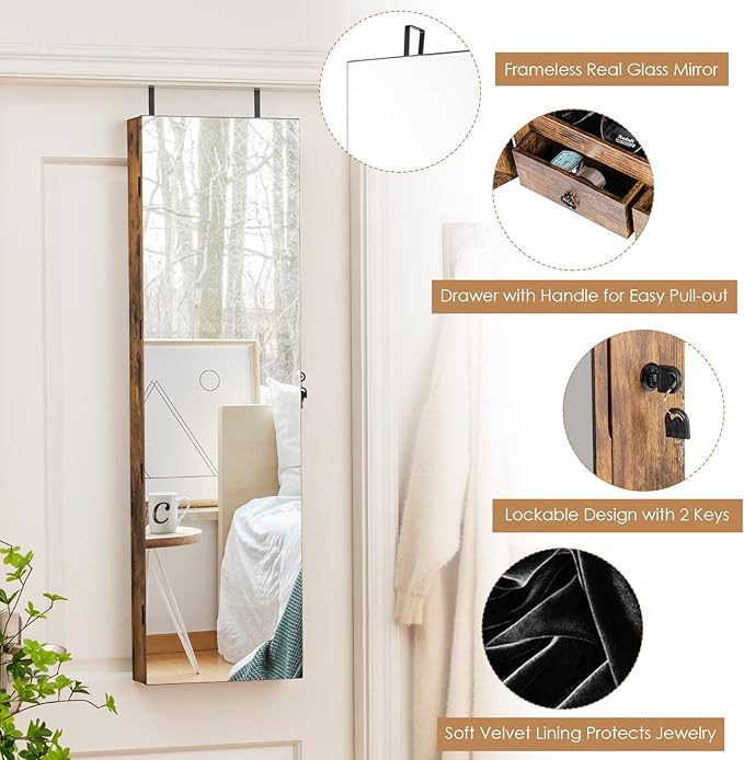 HAPPYGRILL Over the Door Jewelry Organizer, Hanging Jewelry Storage Cabinet w/Full-Length, Inner Makeup Mirror, Earring Shelves, Ring Slots, 25 Necklace Hooks, Wall Mounted Jewelry Armoire for Women