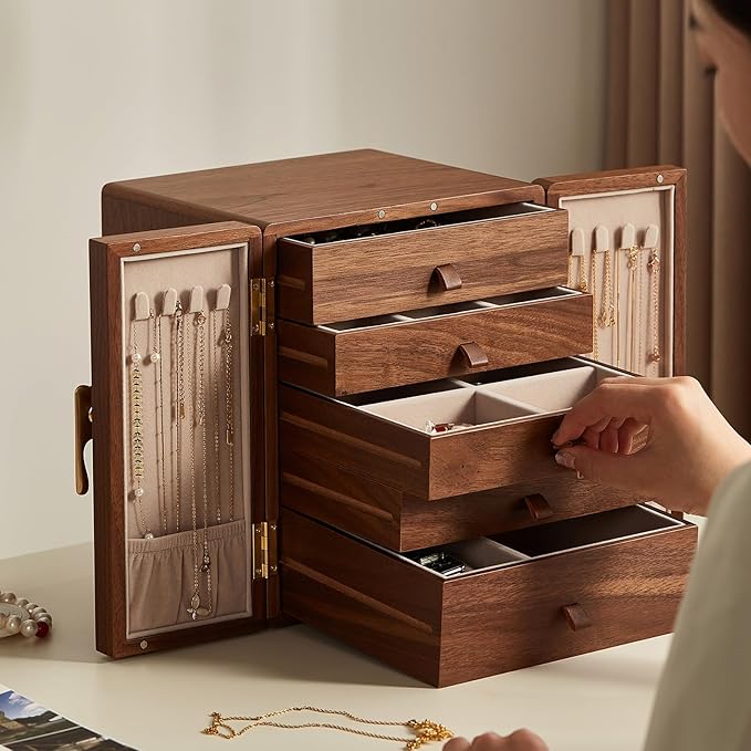CHOSIN Black Walnut Wooden Jewelry Box 5 Layer Large Wood Jewelry Organizer Brass Handle for Necklaces Rings Earrings Watches Storage Christmas Gifts(7.9x8.7x10.0inches)
