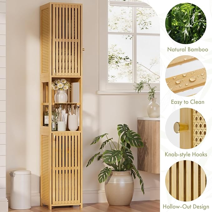 Amazer 70'' Tall Bathroom Storage Cabinet Bamboo, Slim Storage Cabinet with Rattan Door and Adjustable Shelves, Narrow Freestanding Organizer for Living Room, Kitchen, Natural Color