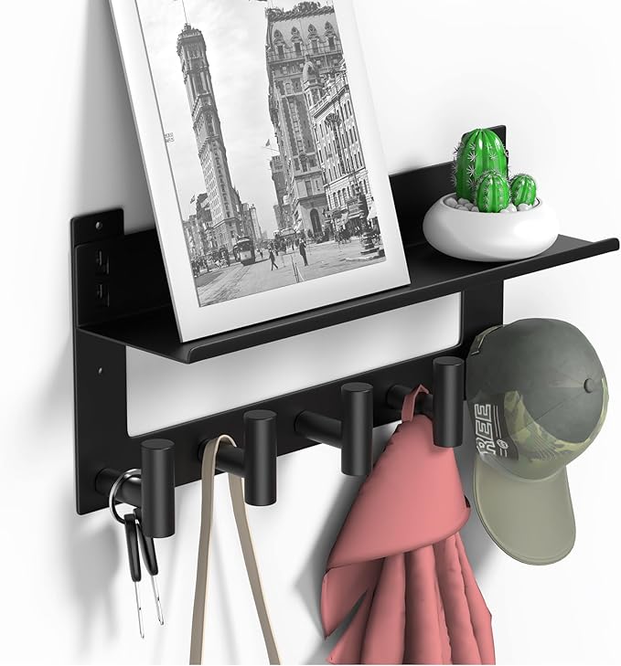 VAEHOLD Wall-mounted Coat Rack with Shelf Wall Hooks with Upper and Lower Double Storage Entryway Shelf with 5 Stainless Steel Hooks to Hang Clothes Towels Bathrobe Purse(Black)