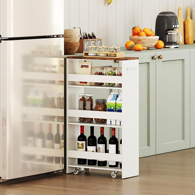 Small Kitchen Cart, 4-Tier Slim Rolling Island w/Handle, Laundry Room Storage Organizers Between Washer and Dryer, Narrow Spice Rack on Wheels Next to Fridge (White & Rustic Brown, 8'')