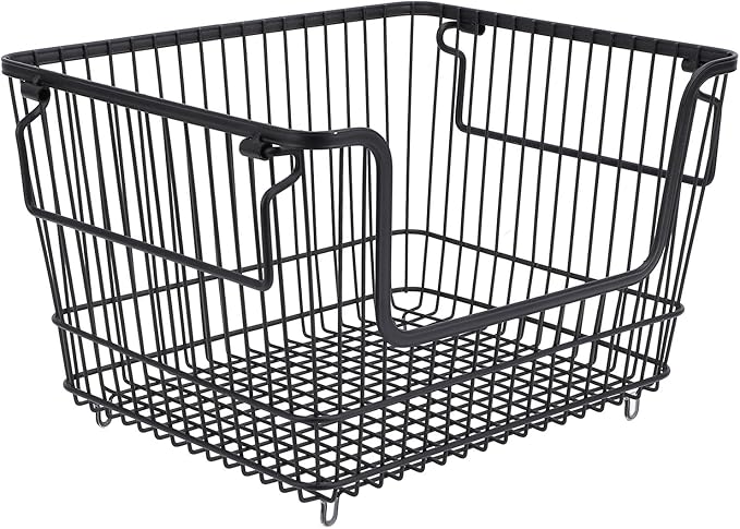 Freezer Organizer Bin, Stackable Wire Basket for Freezer, Heavy Duty Metal Storage Basket with Easy Access Front Opening, for Fruits Meat Vegetables in Kitchen Home Use, Bl