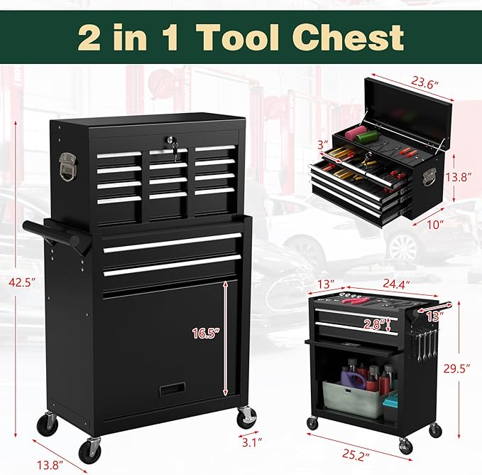 8-Drawer Heavy Duty Tool Chest with Wheels - Industrial Rolling Tool Box, Lockable Drawers & Smooth Glide System for Mechanics, Garage, Auto Repair Shop(Black)