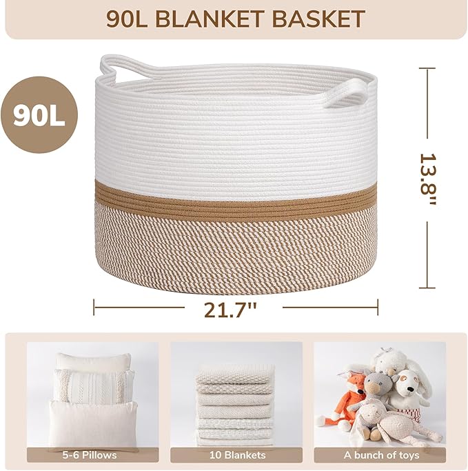 INDRESSME XXXLarge Cotton Rope Basket 21.7" x 21.7" x 13.8" Woven Baby laundry Blanket Basket for Home Decor Living Room Nursery, Toy Storage Baskets for Kids Boys Girls, White & Camel Mix