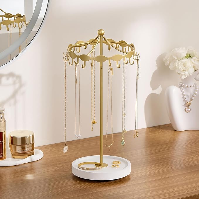 Lolalet Rotating Necklace Holder Stand with Metal Hooks, Spinning Display Carousels, Freestanding Organizer Hanger, for Long Necklaces Chains -Gold