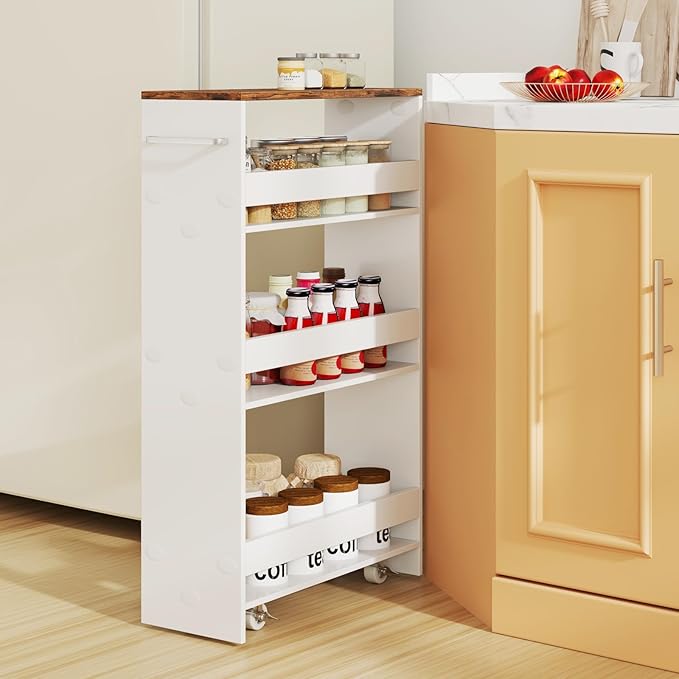 Slim Rolling Storage Cart, 4 Tier Narrow Kitchen Cart with Wheels, Between Washer and Dryer Cart, Wood Shelving Unit Organizer w/Handle for Small Spaces (White & Rustic Brown, 8-Inch)
