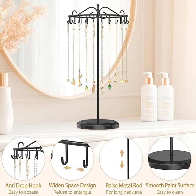 MODOWEY Rotating Necklace Holder Organizer Display Stand with 24 Hooks, Metal Spinning Tree for Long Necklace Hanger Selling, Tall Spinning Bracelet Storage Rack for Men Women Dresser, Black