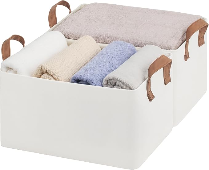 StorageWorks Storage Bins, Fabric Storage Bins for Shelves, Storage Baskets with Metal Frame, Closet Baskets and Bins with Handles, Beige, 2-Pack