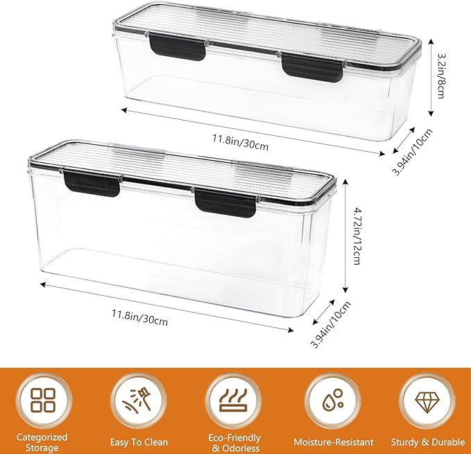 2-Pack Stackable Fridge Organizer Bins with Lids, Clear BPA-Free Food Storage Containers for Refrigerator, Fruits, Vegetables, and Drinks (Black)