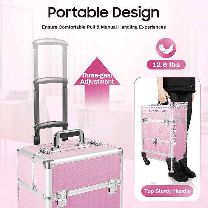 Rolling Makeup Train Case with Drawers, Portable Rolling Makeup Cart with Wheels, Pink Cosmetology Storage Cart with 6 Compartments for Makeup Artists, Hairdressers, Pet Groomers
