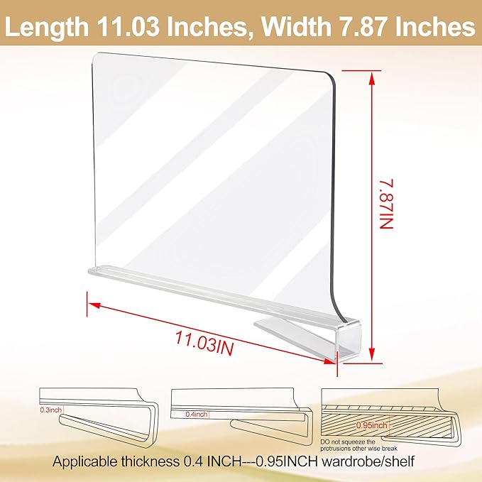 Acrylic Shelf Dividers for Closet Organization, Closet Shelf Organizer Closet Organizer for Bedroom, Closet Dividers for Shelves Clear Acrylic Shelf Dividers Clothing Divider Shelf (Clear,8 Pack)