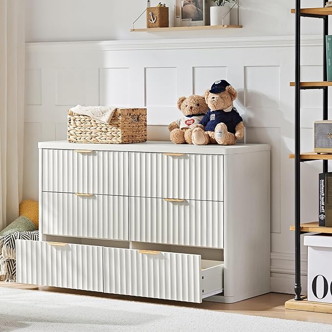 LEYAOYAO Fluted 6 Drawers Dresser, 48" Wide Modern Chest of Drawers with Wood Grain Top, Curved Profile Design, Dresser TV Stand, Wood Drawer Organizer for Bedroom, Living Room, Antique White