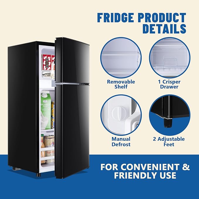 Tniy Personal Capacity Black Refrigerator with Freezer Double Door Mini Fridge Small Apartment Refrigerator with 7 Adjustable Temp Control
