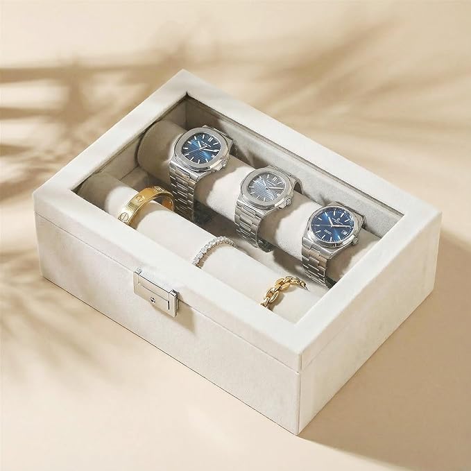 Bracelet Display Holder with Clear Lid, Jewelry Storage Organizer Box Case with Rods for Bangles, Watches, Women (Beige)