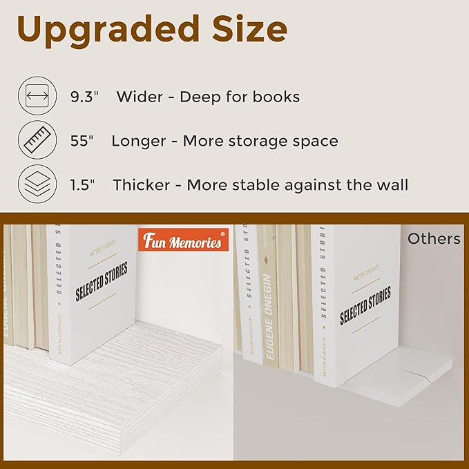 Fun Memories White 55Inch Floating Shelves for Wall 1 Pack Shelves for Bedroom|Kitchen|Bathroom Wall Mounted Rustic Wood Floating Shelf with Invisible Brackets for Books|Storage|Decor