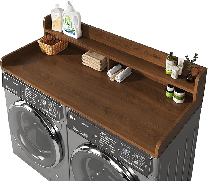2-Tier Washer and Dryer Countertop with 2.75" H Guard,58" W x 28" D Laundry Countertop Cover with Non-Slip Pad,Large Space Laundry Topper for Folding Clothes Over Washer and Dryer-Brown