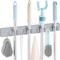 Gray Mop Broom Holder Wall Mount with 4 Slots & 4 Hooks - Wood Broom Mop Hanger for Pantry Closet Laundry Room Organization - Heavy Duty Garden Tool Organizer
