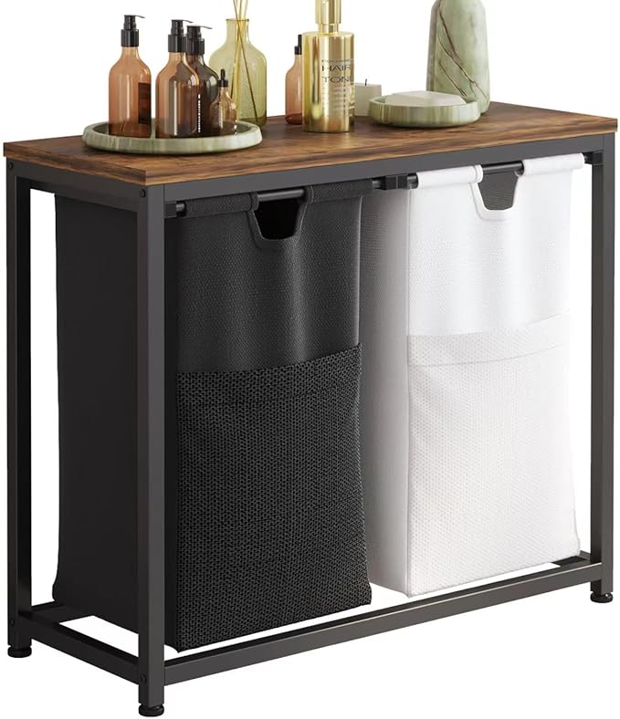 Laundry Basket Double Laundry Hamper with Removable Bags, Fabric Handles, Large Top Shelf and Laundry Bag for Bathroom, Dorm, Laundry Room