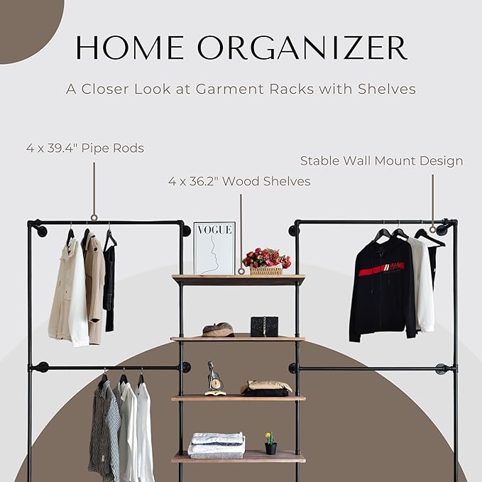 Industrial Pipe Clothing Rack, Wall Mounted Garment Hanging Rack with Shelves, 14.6x122.8x82.7 Inches, Model Y05