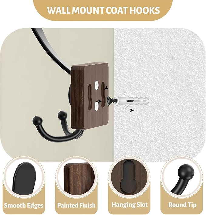 VIS'V Wooden 3 Prong Coat Hooks, Wall Mount, Heavy Duty, Brown, 4 Pcs